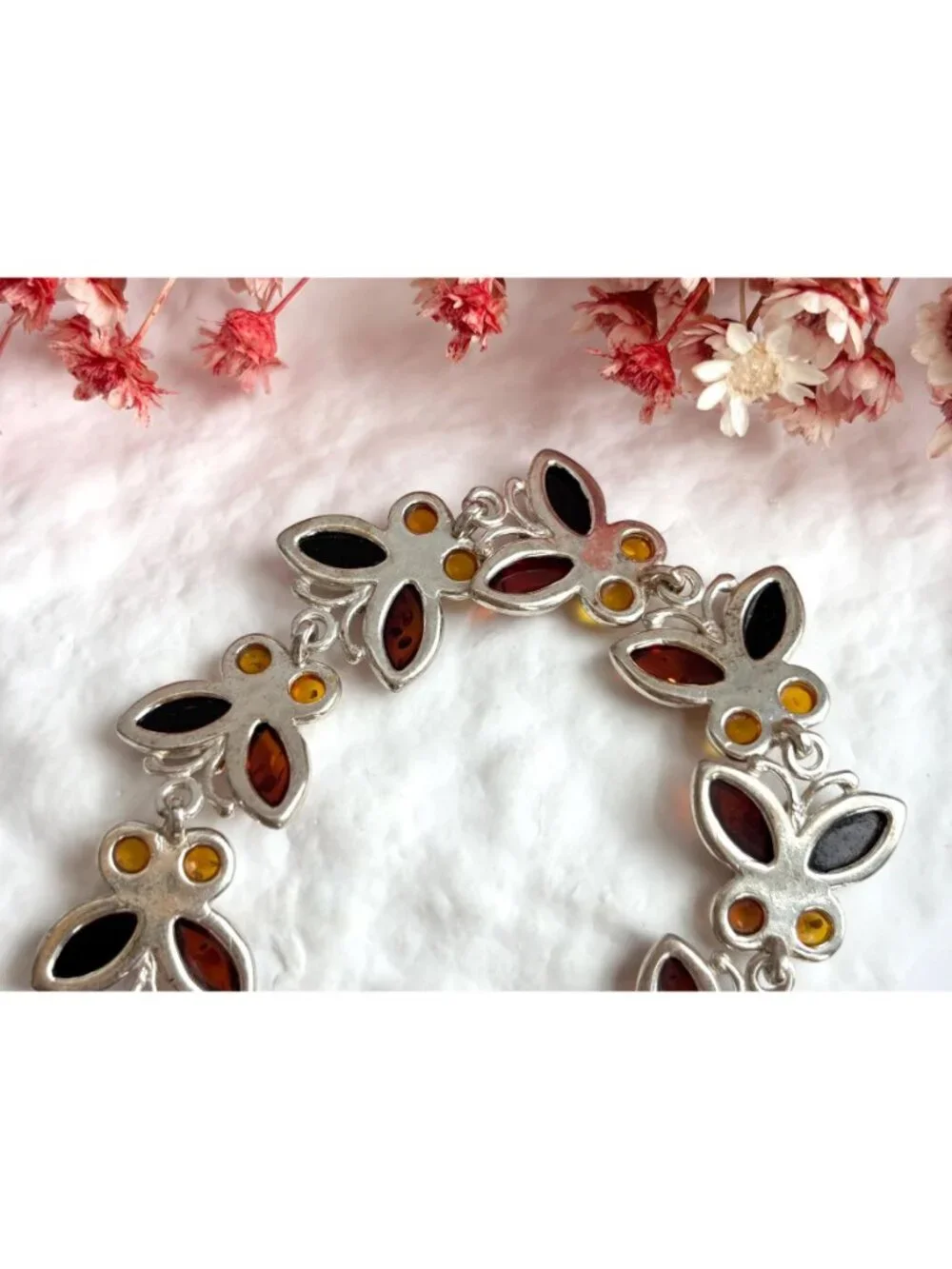 Baltic Amber Butterfly Figural Chainlink Sterling Silver 925 Vintage Bracelet
